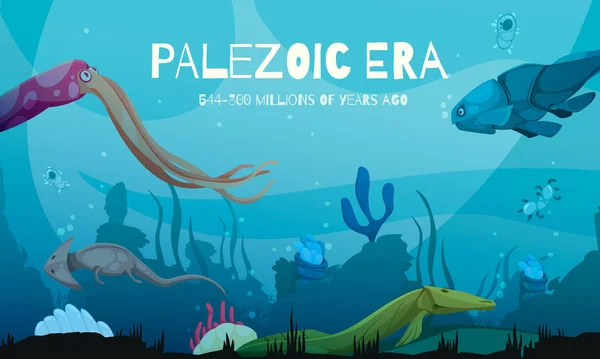 Paleozoïcum Tijdperk Cartoon Samenstelling Met Onderwaterwezens Zee Bodem Vector Illustratie — Stockvector