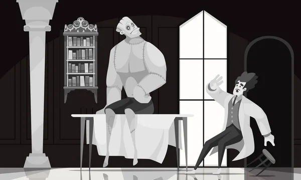 Composición Blanco Negro Dibujos Animados Con Asustado Victor Frankenstein Monstruo — Archivo Imágenes Vectoriales