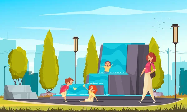 Children playing in fountain in city park on background with blue sky and cityscape cartoon vector illustration