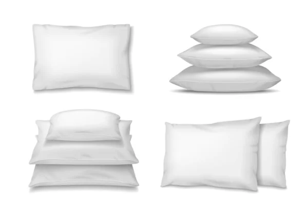 白い枕の現実的な孤立した画像をスタック内の白い背景ベクトルのイラストの影とセット枕 — ストックベクタ