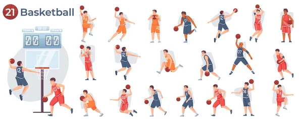Flache Basketball Sammlung Von Kompositionen Mit Männlichen Spielern Während Des — Stockvektor