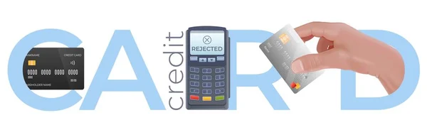Flaches Banner Mit Kreditkarten Zahlungsterminal Und Blauem Text Vor Weißem — Stockvektor