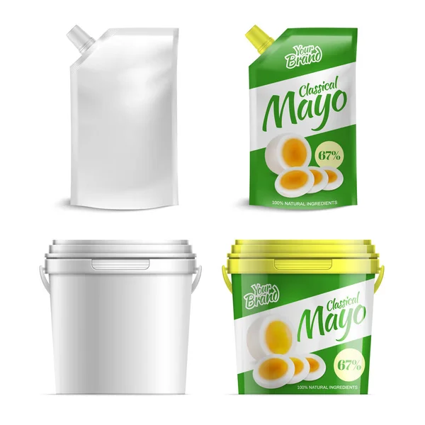 Mayonnaise Embalagem Publicidade Conceito Design 2X2 Demonstrou Pails Plástico Bolsas — Vetor de Stock