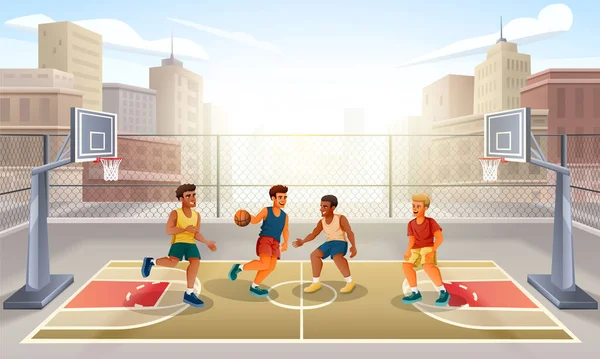 Hombres Jugando Baloncesto Ciudad Aire Libre Dibujo Animado Vector Ilustración — Vector de stock