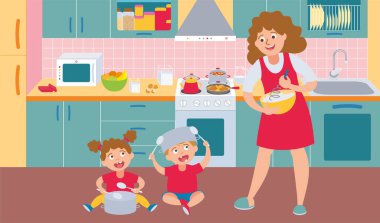 Çocuklar kötü davranış düz kompozitler yaramaz çocuklar ve anne bir mutfak vektörü illüstrasyon