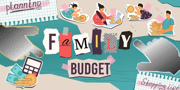 Composición Del Presupuesto Familiar Con Collage Iconos Cálculo Dinero Plano — Vector de stock
