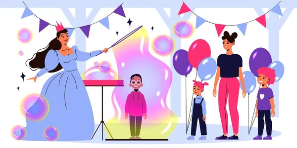 Barn Födelsedagsfest Med Konstnär Gör Såpbubblor Visa Platt Vektor Illustration — Stock vektor