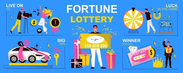 Juegos Fortuna Conjunto Plano Con Gente Ganando Premios Lotería Vector — Vector de stock