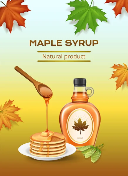 メープルシロップナチュラル製品ボトルの秋の葉のパンケーキと現実的な組成ベクトルイラスト — ストックベクタ