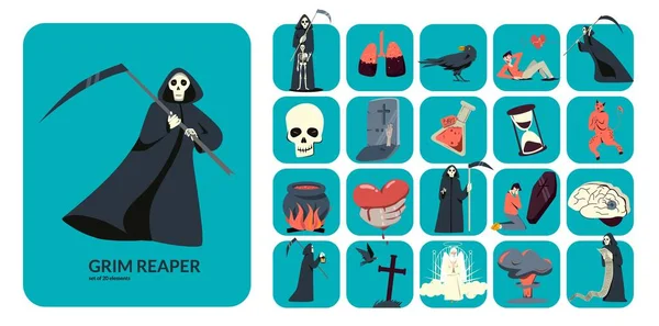 Flat Composition Grim Reaper Figure Square Icons Death Symbols Vector — Stock Vector