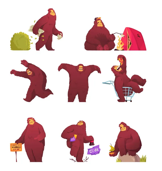 Divertente Cartone Animato Bigfoot Personaggio Impostato Con Creatura Pelosa Facendo — Vettoriale Stock