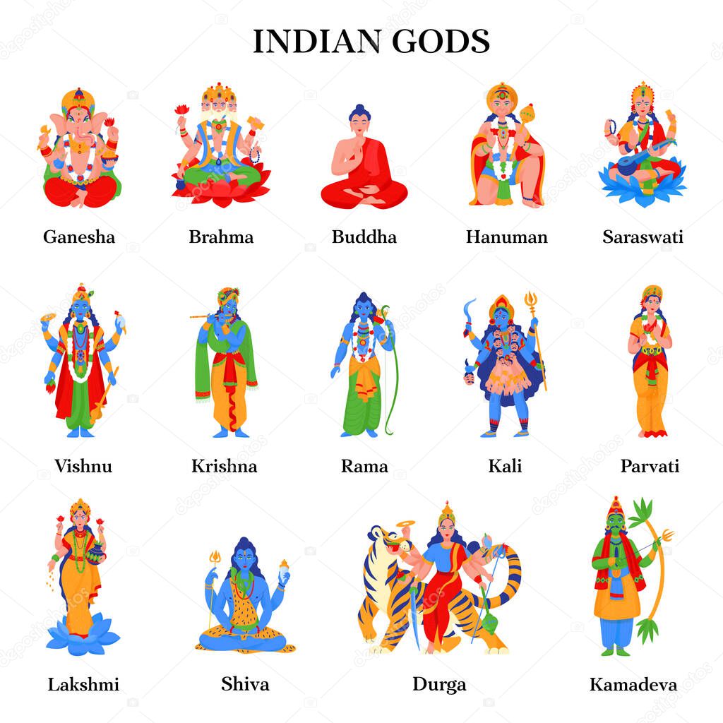 Ancient indian hindu gods color isolated icon set with ganesha brahma buddha hanuman saraswati vishnu krishna rama kali parvati lakshmi shiva durga and kamadeva vector illustration