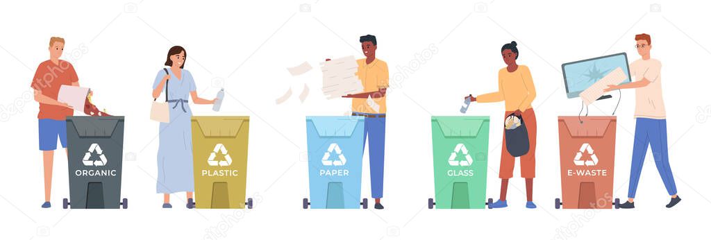 People sorting waste into different recycling containers flat vector illustration