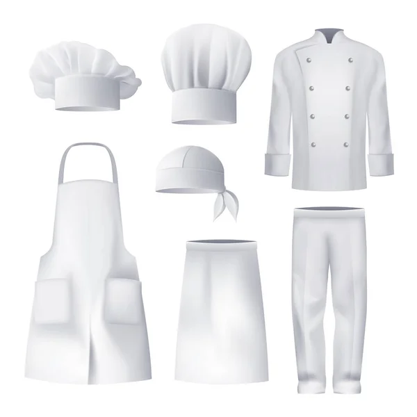 Realistic Chef Uniform Cook Clothes Elements Professional Work Wear White  Cap Apron Trousers And Jacket Traditional Hat 3d Isolated Elements Costume  For Restaurant Utter Vector Set Stock Illustration - Download Image Now 