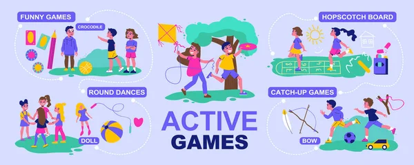 子供たちの積極的なゲームのインフォグラフィック面白いゲームのラウンドダンスのホップスコッチボードとキャッチアップゲームの説明ベクトルイラスト — ストックベクタ