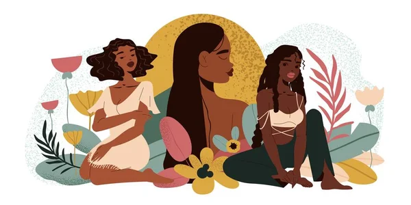 Negro Chica Composición Mujer Tres Hermosas Chicas Perfil Cara Completa — Archivo Imágenes Vectoriales
