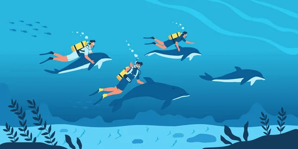 Composición Plana Buceo Con Buzos Nadando Con Delfines Ilustración Vectorial — Vector de stock