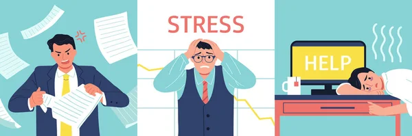 Estrés Empresarial Escenas Profesionales Burnout Ilustración Vectorial Plana Aislada — Vector de stock