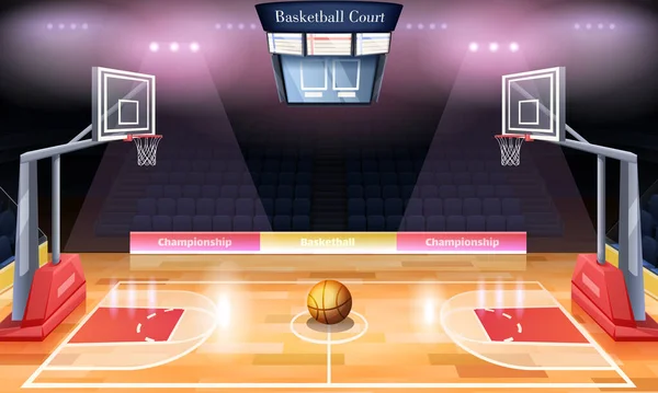 Kreslený Interiér Basketbalového Hřiště Tabulí Prázdnými Sedadly Reflektory Míčem Střední — Stockový vektor
