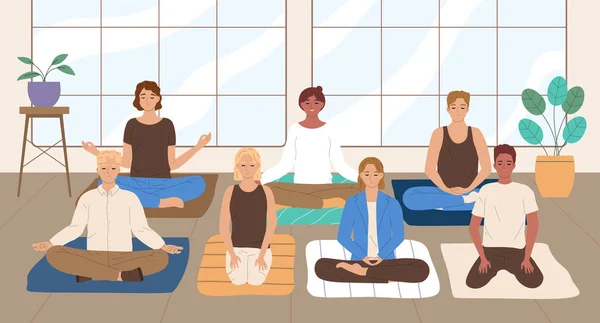 Mindfulness Conceito Plano Com Meditação Grupo Pose Lótus Dentro Casa — Vetor de Stock