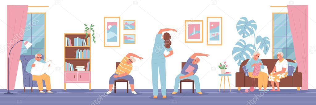 Nursing home composition mornings in the common room where elders talk to each other read newspaper and do exercises with nurse vector illustration
