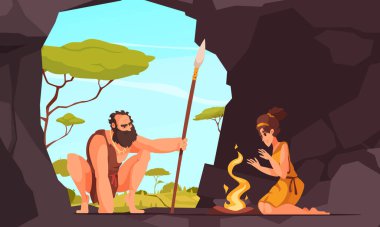 Tarih öncesi insanlar mızraklı adam ve mağaradaki kadın ateş çizgi filmi çizimi çiziyor.