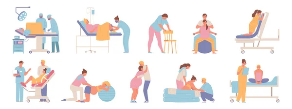 Schwangerschaft Und Geburt Set Mit Reproduktiven Geburtshilfe Home Szenen Und — Stockvektor