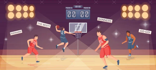 Basketbalový Zápas Scéna Týmy Hrající Hřišti Reflektory Ploché Vektorové Ilustrace — Stockový vektor