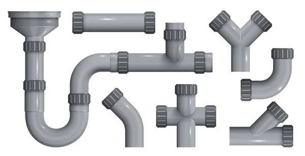 Sewerage Plastic Pipes Plumbing Connections Elements Realistic Set Isolated White — Stock Vector