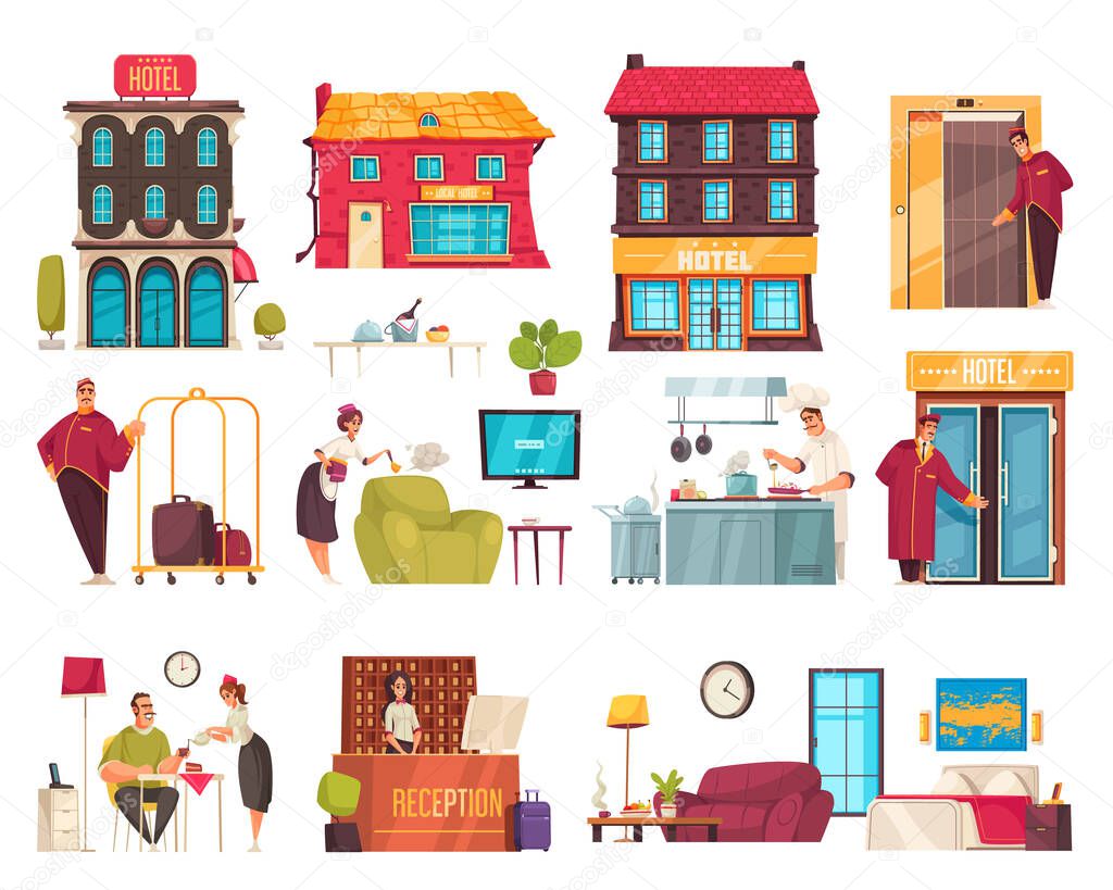 Hotel flat set of city buildings reception service doorman chambermaid bellman characters isolated vector illustration