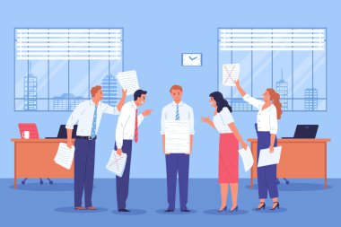 İş stresi yanma kompozisyonu aşırı çalışan çalışanlar, ellerinde bir yığın kağıt vektör illüstrasyonuyla talepkar meslektaşlar arasında yer alıyor