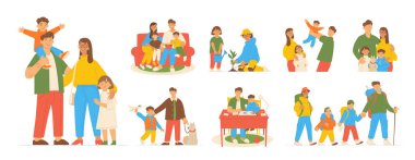 Ebeveynler ve çocukların izole edilmiş vektör çizimleriyle mutlu bir aile hayatı.