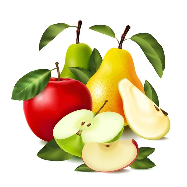 Composición Realista Coloreada Manzana Pera Manzanas Enteras Cortadas Rodajas Manzanas — Vector de stock