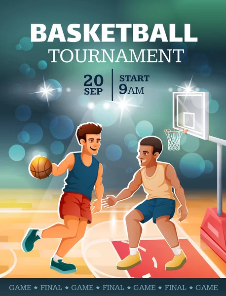 Basketball Tournament Final Game Cartoon Vertical Poster Two Male Players — Stock Vector