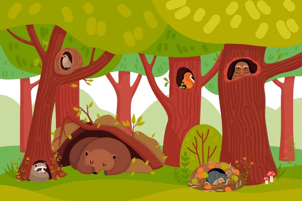 Sommer Wildtier Cartoon Hintergrund Mit Waldtieren Leben Baumhöhlen Und Löchern — Stockvektor