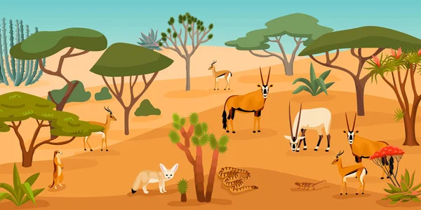 Desenhos Animados Deserto Com Animais Selvagens Andando Entre Cactos Saxauls — Vetor de Stock