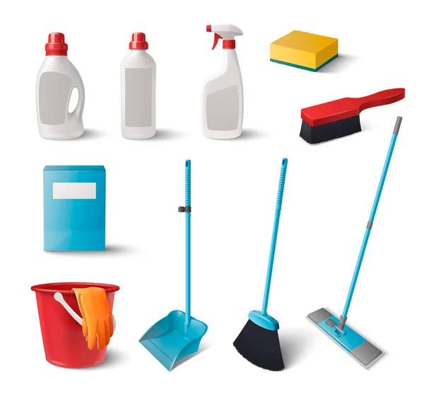 Household Cleaning Products Realistic Icons Set Detergent Bottles Brooms Isolated — Stock Vector