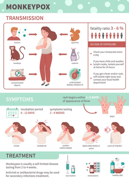 Infografia Varicelei Maimuță Simptome Transmisie Tratamentul Ilustrației Vectoriale Virusului — Vector de stoc