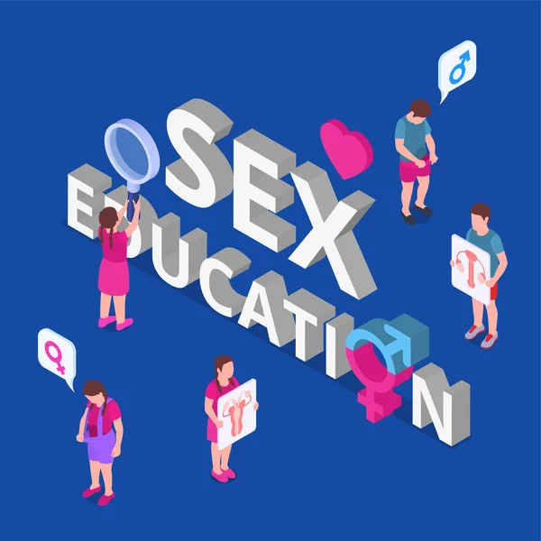 Educação Sexual Conceito Isométrico Com Órgãos Internos Símbolos Gênero Ilustração — Vetor de Stock