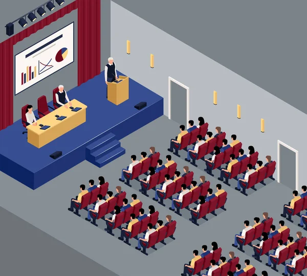 Isometric Press Conference Hall Composition Full Audience Vector Illustration — Stock Vector