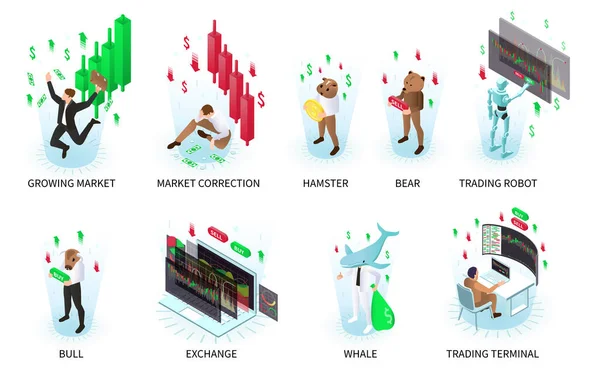 Handel Isometrische Umfärbung Set Mit Wal Und Bärensymbolen Isolierte Vektorillustration — Stockvektor