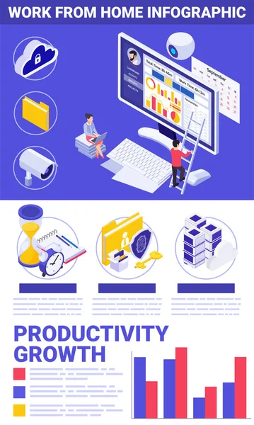 Work Home Infographic Composition Text Color Bar Charts Isometric Icons — Stock Vector