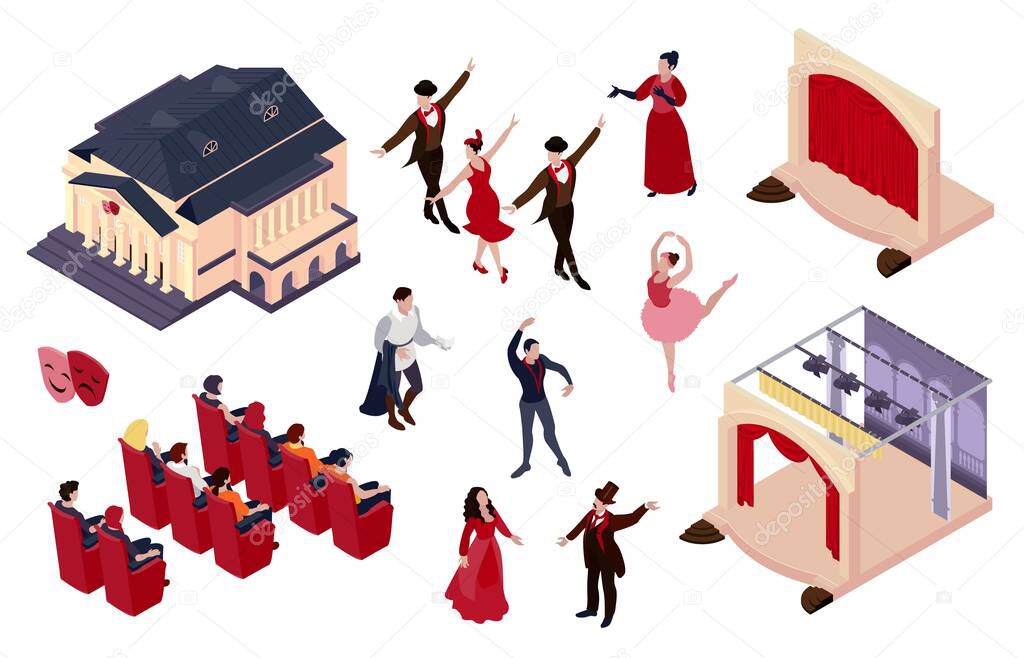 Theatre set with performance and premiere symbols isometric isolated vector illustration