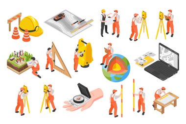 Çalışan takım elbiseli adam ve arazi ölçüm araçlarıyla izole edilmiş vektör illüstrasyonları ile donatılmış Isome mühendis surveyor simgeleri