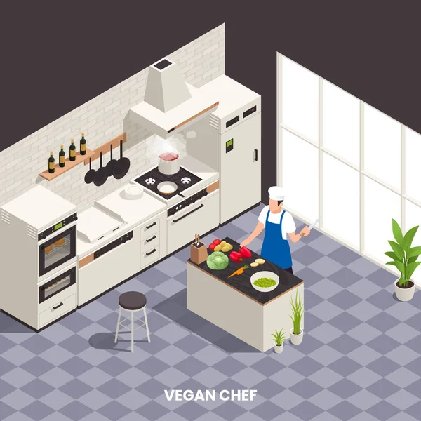 Composición Isométrica Moderna Industria Alimentaria Con Cocina Chef Plato Vegano — Vector de stock