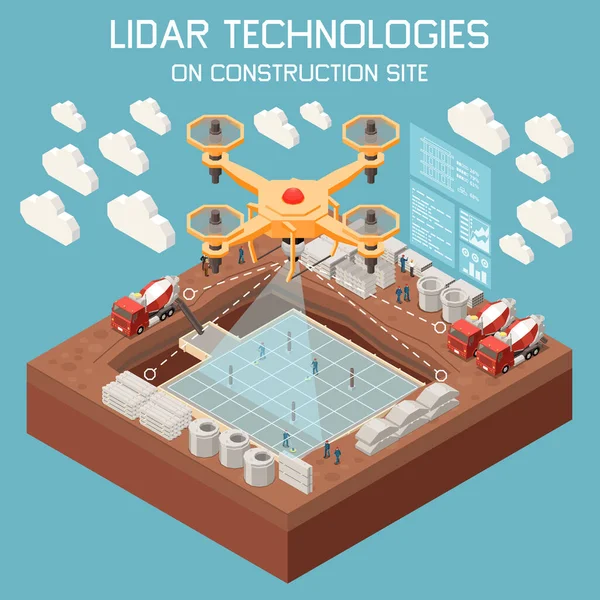Lidar Teknologiat Isometrinen Tausta Drone Lentää Yli Työmaan Vektori Kuva — vektorikuva