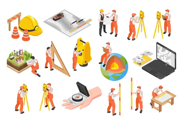 Çalışan takım elbiseli adam ve arazi ölçüm araçlarıyla izole edilmiş vektör illüstrasyonları ile donatılmış Isome mühendis surveyor simgeleri