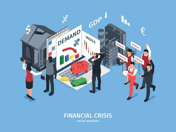 Economía Isométrica Composición Crisis Negocios Con Texto Editable Edificios Bancarios — Vector de stock