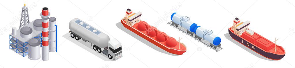 Freight commercial industrial cargo vessels and tankers isometric set for transportation LNG and LPG isolated vector illustration