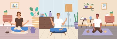 Evde izole edilmiş vektör illüstrasyonunda yoga yapan insanlarla farkındalık ve meditasyon düz kompozisyon seti